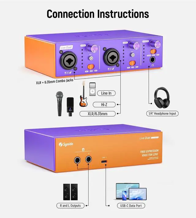 Alt view image 14 of 14 - USB C Audio Interface for Recording Music, Streaming, Podcasting with Dual XLR, Line Input, 24bit/48kHz, 48V Phantom Power, 2-channel, Purple