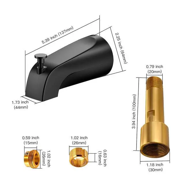 Alt view image 9 of 14 - Matte Black Bathtub Spout with Diverter, All Metal, Brass, 5.3 Inch Tub Spout, Fits 1/2" Copper Slip-On and 1/2" or 3/4" IPS Threaded Pipes, Leak-Free, Pull-Up Diverter