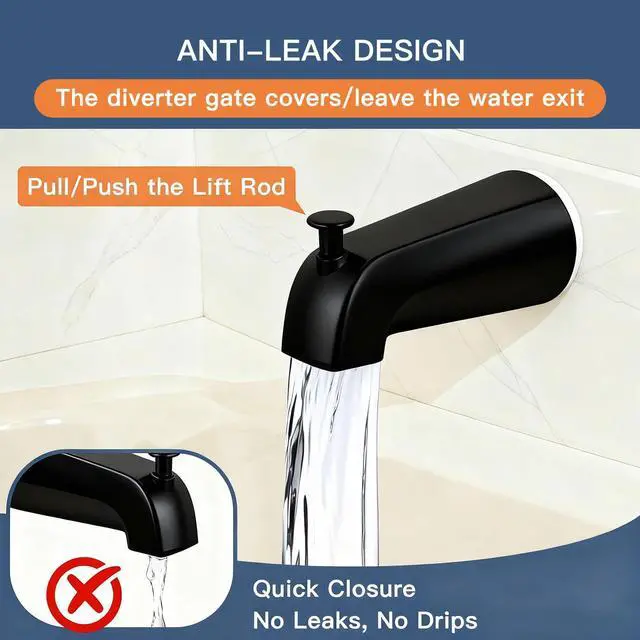 Alt view image 14 of 14 - Matte Black Bathtub Spout with Diverter, All Metal, Brass, 5.3 Inch Tub Spout, Fits 1/2" Copper Slip-On and 1/2" or 3/4" IPS Threaded Pipes, Leak-Free, Pull-Up Diverter