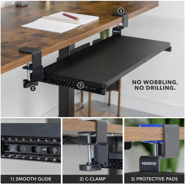 Alt view image 12 of 14 - 24 Clamp-On Under Desk Keyboard Tray, Slide-Out Keyboard Drawer for Desk, Ergonomic Pull-Out Platform with Smooth Gliding Tracks, No-Drill C-Clamp Mount, Under Desk Keyboard Holder