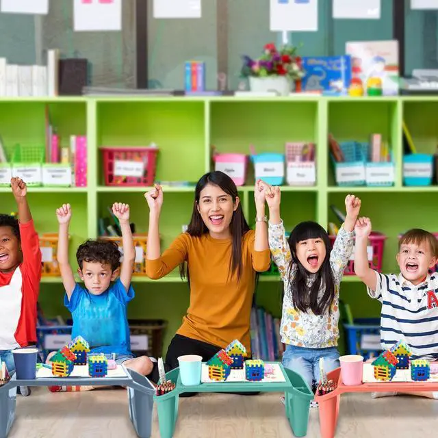 Alt view image 13 of 14 - 8 Pcs Kids Lap Desk Tray Bulk 19.7x9.6x7.1in Portable Lap Tray for Kids Plastic Table with Side Storage Space for Bed Classroom Laptop Children Car Activity Eating Floor (Colorful)