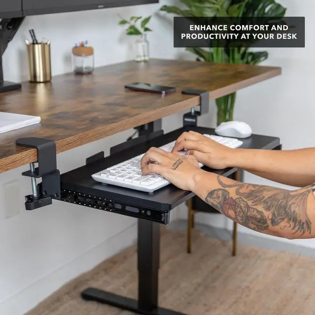 Alt view image 13 of 14 - 24 Clamp-On Under Desk Keyboard Tray, Slide-Out Keyboard Drawer for Desk, Ergonomic Pull-Out Platform with Smooth Gliding Tracks, No-Drill C-Clamp Mount, Under Desk Keyboard Holder