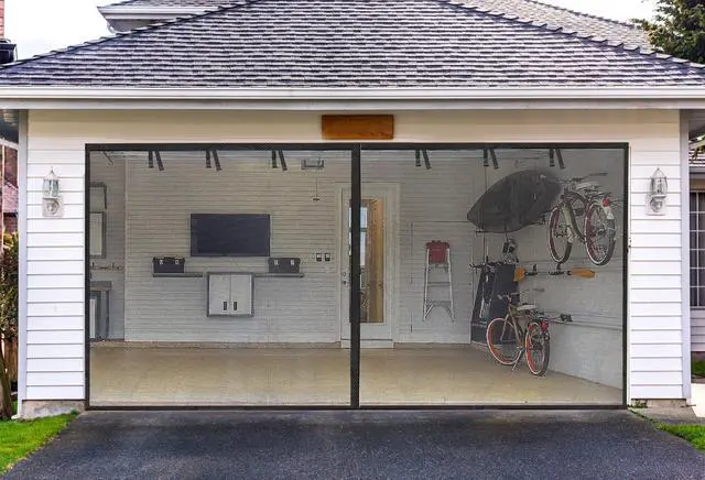 Alt view image 8 of 14 - Garage Screen Doors for 2-Car Garage -16x7FT, Fiberglass, Black | 2300g/5.1 Lb Heavy Duty Magnetic Door Screen, Hands-Free with 6 Roll Up Straps for Patio, Outdoor, Gym, Sun House Porch