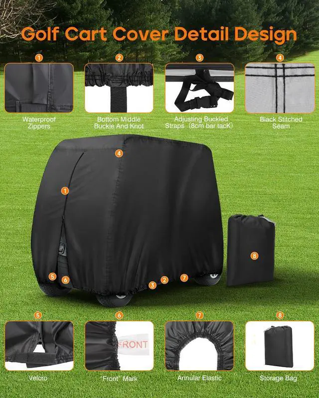 Alt view image 10 of 14 - Golf Cart Cover 8 Passenger for Club Car EZGO Yamaha Golf Carts | Heavy Duty 420D Durable Fabric, Waterproof Rear Zipper, Windproof Strap Dustproof UV resistant for 8 Seat Cart Up to 169 Inch
