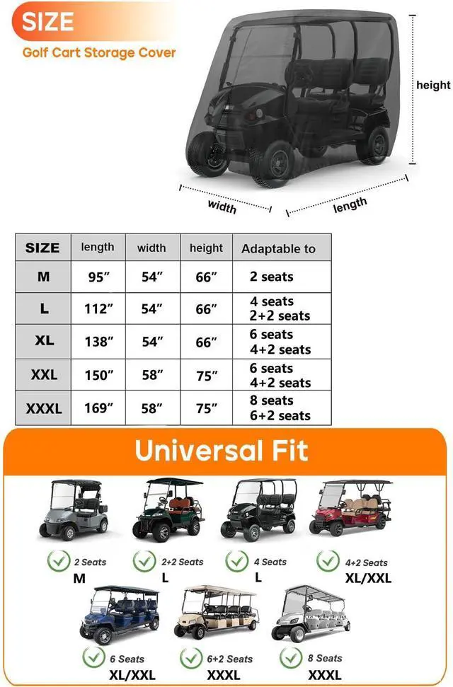 Alt view image 9 of 14 - Golf Cart Cover 8 Passenger for Club Car EZGO Yamaha Golf Carts | Heavy Duty 420D Durable Fabric, Waterproof Rear Zipper, Windproof Strap Dustproof UV resistant for 8 Seat Cart Up to 169 Inch