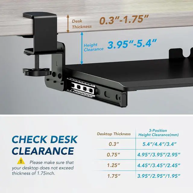 Alt view image 11 of 14 - Keyboard Tray Under Desk Pull Out with 3 Height Adjustable Extra Sturdy C Clamp Mount System, 32.8 (38 inch Including Clamps) x 12 Inch Slide-Out Platform Computer Drawer for Typing
