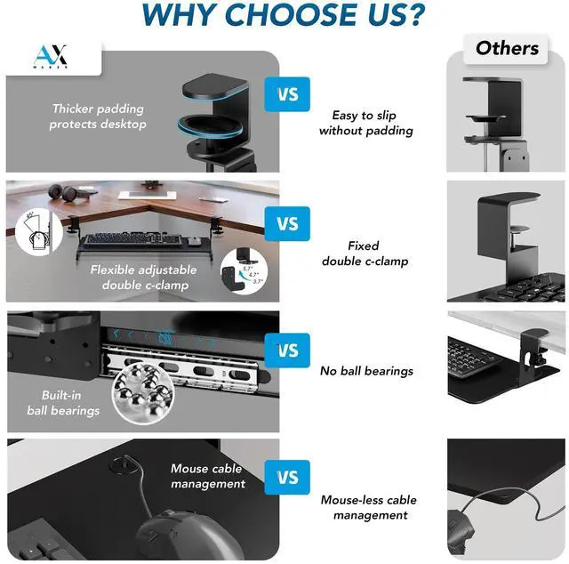 Alt view image 10 of 14 - Keyboard Tray Under Desk Pull Out with 3 Height Adjustable Extra Sturdy C Clamp Mount System, 32.8 (38 inch Including Clamps) x 12 Inch Slide-Out Platform Computer Drawer for Typing