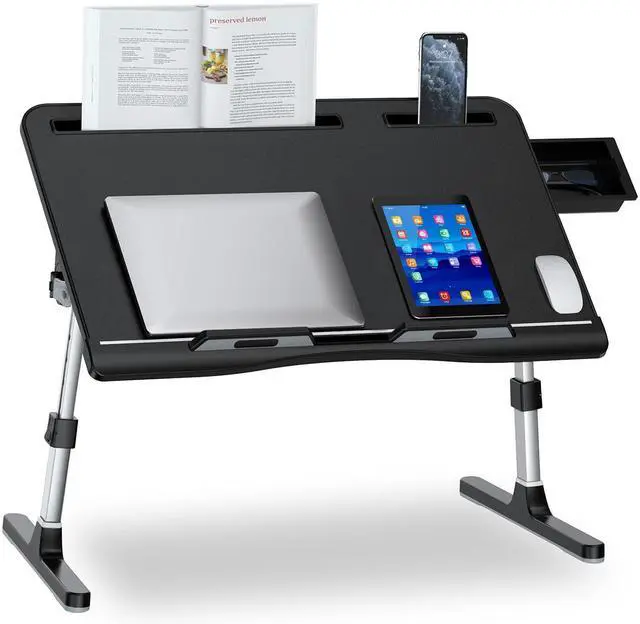 Alt view image 7 of 12 - Laptop Bed Desk, X-Large Leather Adjustable Computer Bed Table Tray, Foldable Laptop Lap Desk for Bed Sofa Couch Floor Writing Eating Working with Drawer 2 Movable Stoppers (23.6 inch, Black)