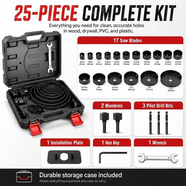 Alt view image 9 of 14 - 25 Piece Hole Saw Kit with 3/4"-6" for Wood, Drywall, PVC and Plastic | Carbon Steel Hole Saw Set, Wrench, Mandrels, Drill Bits, Installation Plate, Hex Key and Case for DIY Holes in Soft Materials