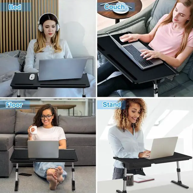 Alt view image 9 of 12 - Laptop Bed Desk, X-Large Leather Adjustable Computer Bed Table Tray, Foldable Laptop Lap Desk for Bed Sofa Couch Floor Writing Eating Working with Drawer 2 Movable Stoppers (23.6 inch, Black)