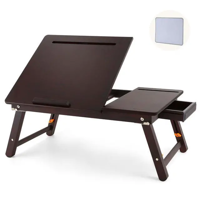 Alt view image 8 of 14 - Laptop Desk, Height & Angle Adjustable Lap Desk Bed Tray Table, Foldable Laptop Table with Drawer, Mouse Pad, Tablet & Phone Slots for Working Reading Writing Eating, Black Walnut