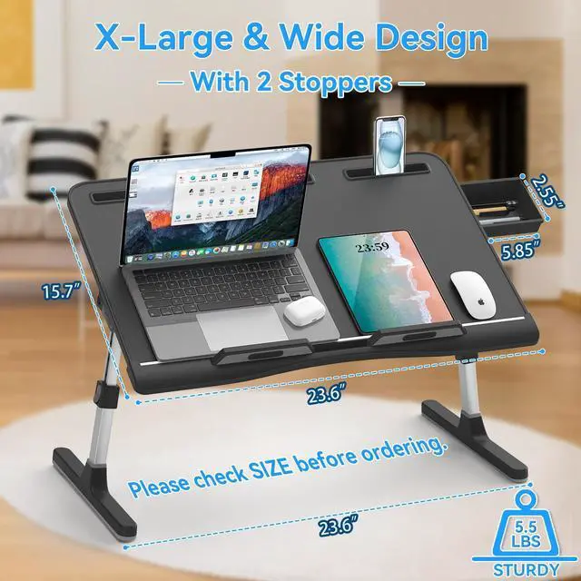 Alt view image 12 of 12 - Laptop Bed Desk, X-Large Leather Adjustable Computer Bed Table Tray, Foldable Laptop Lap Desk for Bed Sofa Couch Floor Writing Eating Working with Drawer 2 Movable Stoppers (23.6 inch, Black)