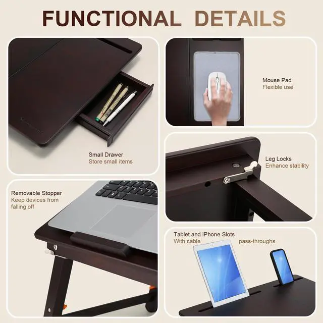 Alt view image 11 of 14 - Laptop Desk, Height & Angle Adjustable Lap Desk Bed Tray Table, Foldable Laptop Table with Drawer, Mouse Pad, Tablet & Phone Slots for Working Reading Writing Eating, Black Walnut