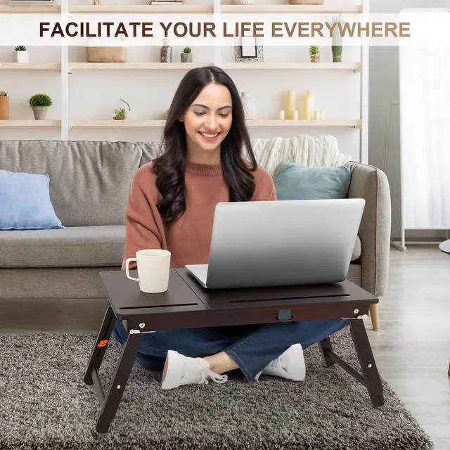 Alt view image 9 of 14 - Laptop Desk, Height & Angle Adjustable Lap Desk Bed Tray Table, Foldable Laptop Table with Drawer, Mouse Pad, Tablet & Phone Slots for Working Reading Writing Eating, Black Walnut