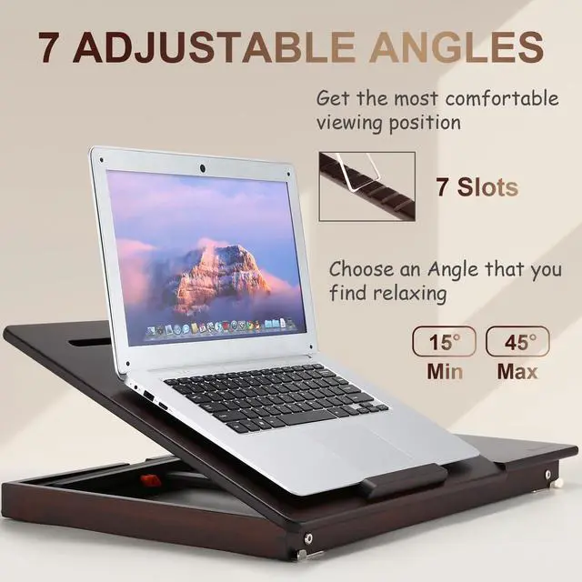 Alt view image 12 of 14 - Laptop Desk, Height & Angle Adjustable Lap Desk Bed Tray Table, Foldable Laptop Table with Drawer, Mouse Pad, Tablet & Phone Slots for Working Reading Writing Eating, Black Walnut