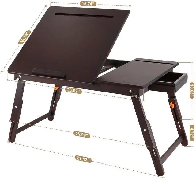 Alt view image 10 of 14 - Laptop Desk, Height & Angle Adjustable Lap Desk Bed Tray Table, Foldable Laptop Table with Drawer, Mouse Pad, Tablet & Phone Slots for Working Reading Writing Eating, Black Walnut