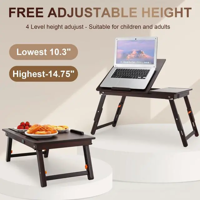 Alt view image 13 of 14 - Laptop Desk, Height & Angle Adjustable Lap Desk Bed Tray Table, Foldable Laptop Table with Drawer, Mouse Pad, Tablet & Phone Slots for Working Reading Writing Eating, Black Walnut