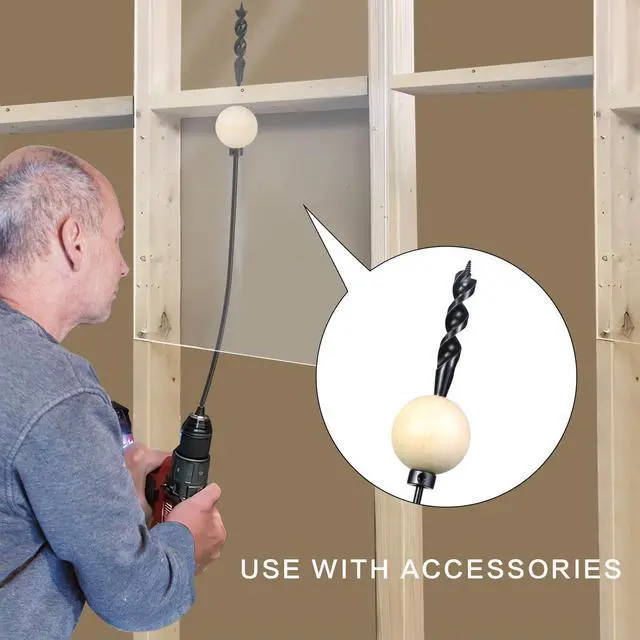 Alt view image 12 of 14 - Flexible Drill Bit for Wire Pulling,3/4 x 54 in. Flex Auger Drill Bit | Guide Ball Kit Included; Black Steel Shaft, Auger Head, Fish-Eye Hole & 3-Flat Shank for Pulling Wires in Walls and Studs