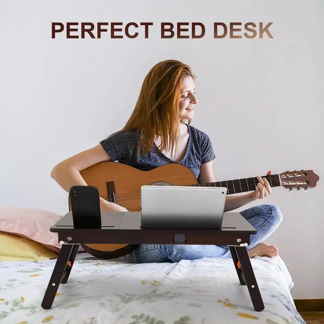 Alt view image 14 of 14 - Laptop Desk, Height & Angle Adjustable Lap Desk Bed Tray Table, Foldable Laptop Table with Drawer, Mouse Pad, Tablet & Phone Slots for Working Reading Writing Eating, Black Walnut