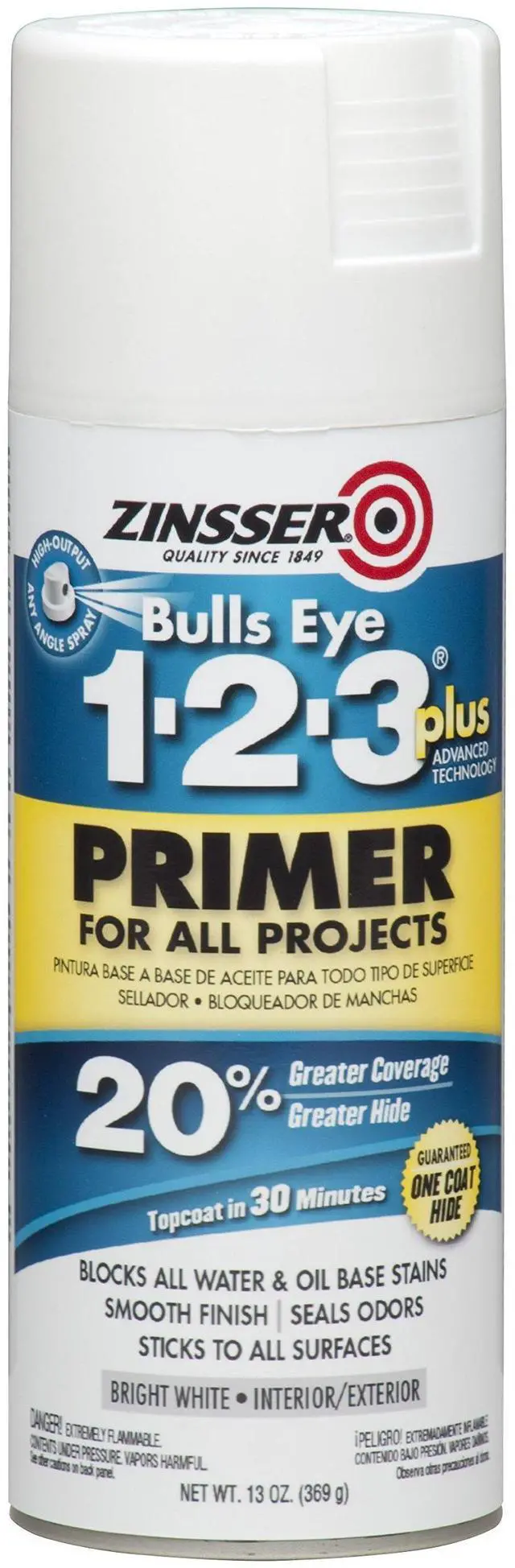 Alt view image 2 of 2 - Bulls Eye 1-2-3 Plus Spray Primer, White, 13oz | Bulls Eye 1-2-3 Plus spray primer, 13oz, White. High-hide stain-blocking spray primer for all surfaces; bonds without