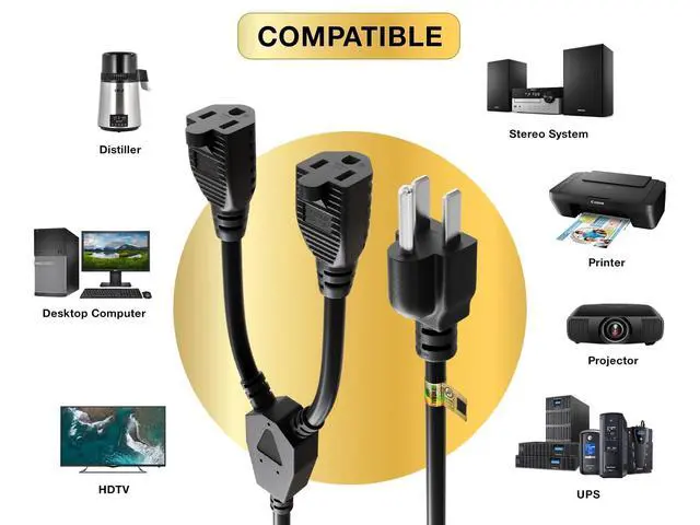 Alt view image 11 of 14 - Power Cord Splitter Cable, 2 NEMA 5-15R to 1 NEMA 5-15P - Splitter Cord, Y Power Cable, Power Cord Extension and Splitter (72 inches)