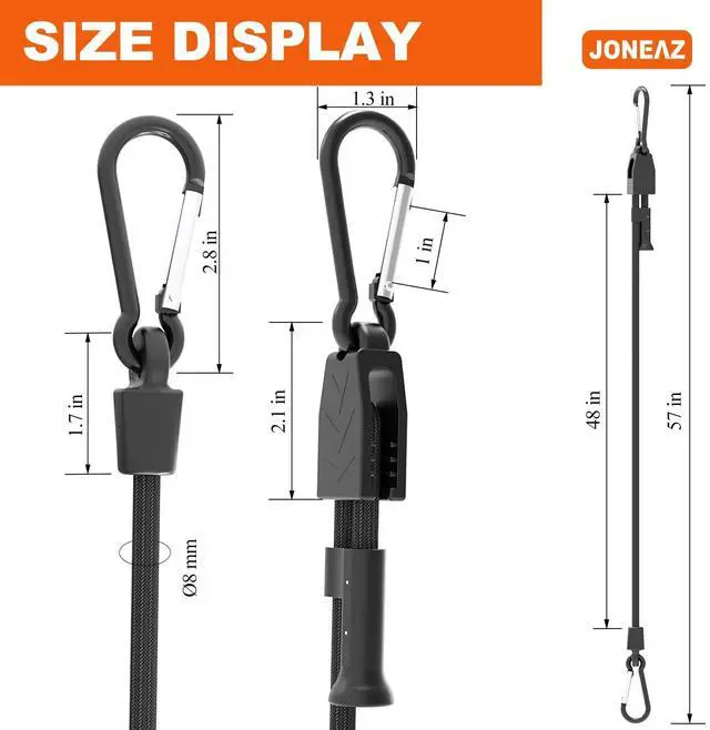 Alt view image 9 of 14 - 8 Pcs 48" Adjustable Bungee Cords with Hooks, Heavy Duty | UV Resistant Shock Straps with Carabiner Clips