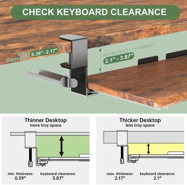 Alt view image 11 of 14 - Extra Large Keyboard Tray Under Desk - Slide Out with Sturdy C-Clip Mount System, Extra Wide 31.5" (35.8" Including Clamps) x 11.8" Pull-Out Keyboard Computer Drawer, Rustic Vintage Brown