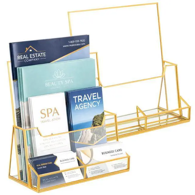 Alt view image 8 of 14 - 2 Pcs 8.5 x 11 Inches Gold Glass Brochure Holder Countertop Literature Trifold Pamphlet Stand with Business Name Cardholder Flyer Brochure Display for Magazine, Booklet, Menu, Journal Display