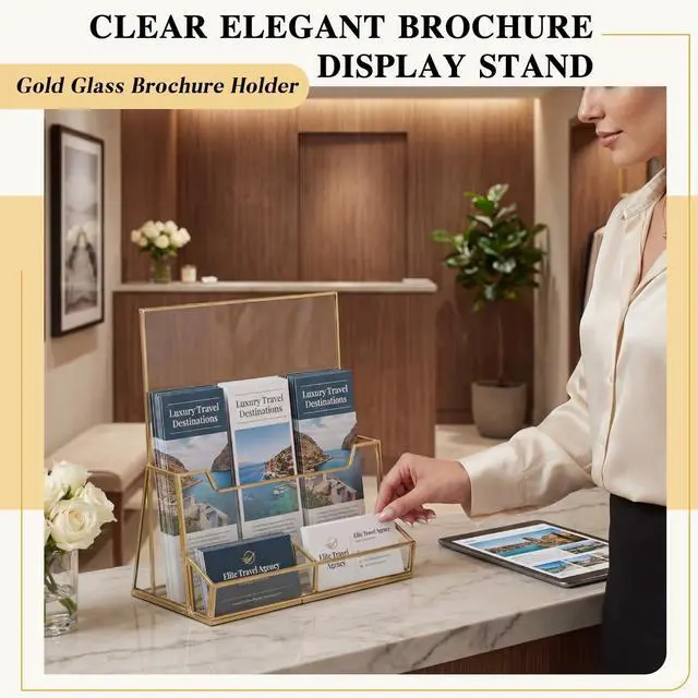 Alt view image 9 of 14 - 2 Pcs 8.5 x 11 Inches Gold Glass Brochure Holder Countertop Literature Trifold Pamphlet Stand with Business Name Cardholder Flyer Brochure Display for Magazine, Booklet, Menu, Journal Display