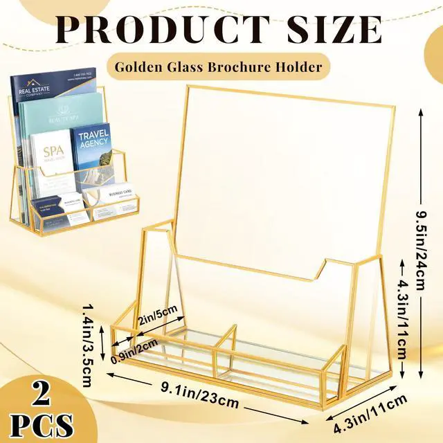 Alt view image 10 of 14 - 2 Pcs 8.5 x 11 Inches Gold Glass Brochure Holder Countertop Literature Trifold Pamphlet Stand with Business Name Cardholder Flyer Brochure Display for Magazine, Booklet, Menu, Journal Display
