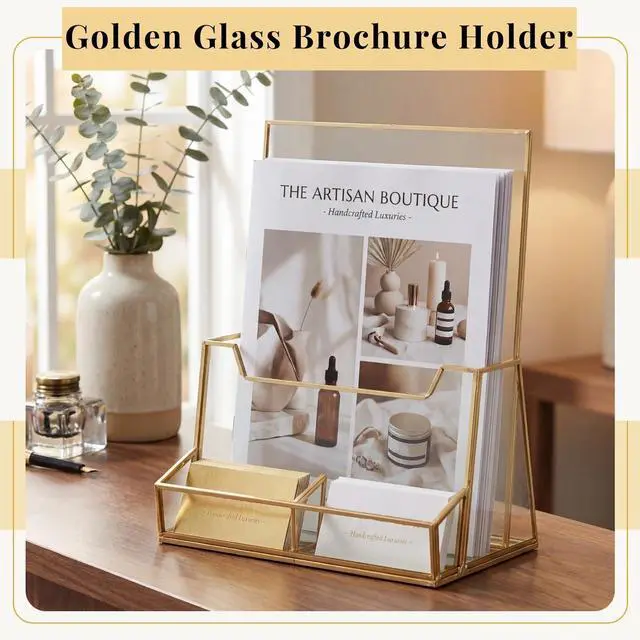 Alt view image 13 of 14 - 2 Pcs 8.5 x 11 Inches Gold Glass Brochure Holder Countertop Literature Trifold Pamphlet Stand with Business Name Cardholder Flyer Brochure Display for Magazine, Booklet, Menu, Journal Display