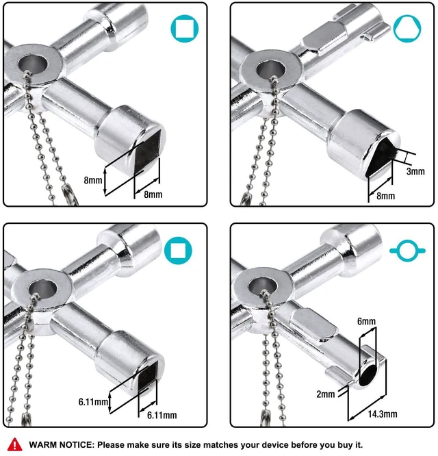 Alt view image 10 of 14 - 4 Way Sillcock Key Set, 2-Pack, for Valve, Faucet, and Spigots | Utility Key, Water Key, Chrome Finish, Corrosion Resistance, 4-in-1 Design, Square, Triangle, and Round Shape, Easy to Carry