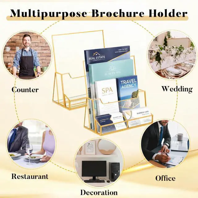 Alt view image 14 of 14 - 2 Pcs 8.5 x 11 Inches Gold Glass Brochure Holder Countertop Literature Trifold Pamphlet Stand with Business Name Cardholder Flyer Brochure Display for Magazine, Booklet, Menu, Journal Display