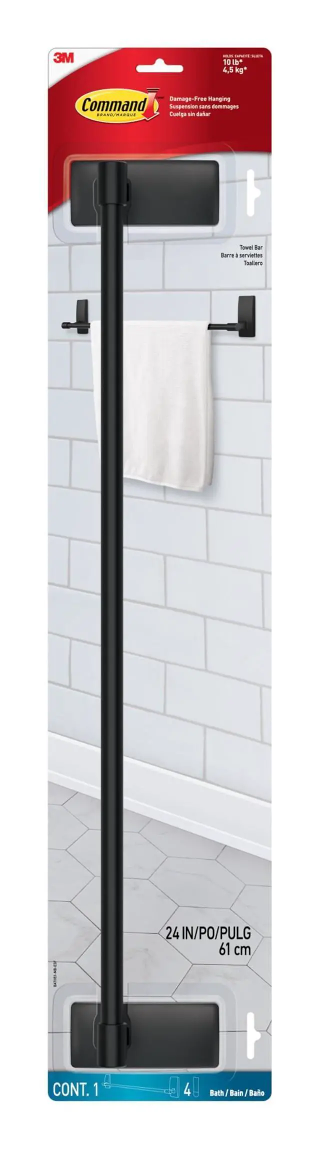 Alt view image 8 of 14 - Bath Matte Black Towel Bar with Water Resistant Strips, Bathroom Organizer, 24 in Bar Length Holds up to 10 lbs