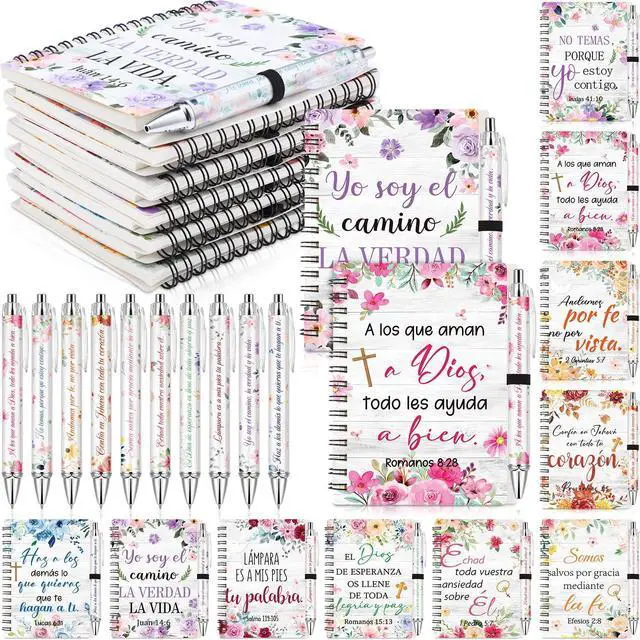 Alt view image 8 of 14 - 50 Sets Spanish Christian Gifts for Women A6 Floral Spiral Christian Notebook and Bible Ballpoint Pen Prayer Journal Religious Gifts for Church Member Women Mom Teacher Nurse