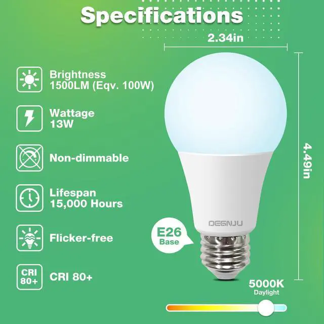 Alt view image 9 of 14 - LED Light Bulbs, 100 Watt Equivalent LED Bulbs A19, 5000K Daylight Light Bulb, 1500 Lumens, E26 Standard Base, Non-Dimmable, 13W Bright White LED Bulbs for Bedroom Home Office, 12 Pack