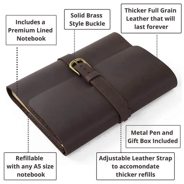 Alt view image 11 of 14 - PERSONALIZED LEATHER JOURNAL GIFT SET for Men & Women, Initials on Premium Leather Cover, Metal Pen, Refillable A5 Lined Paper Notebook, Leather Bound Vintage Diary, Travel Journals, Graduation Gifts