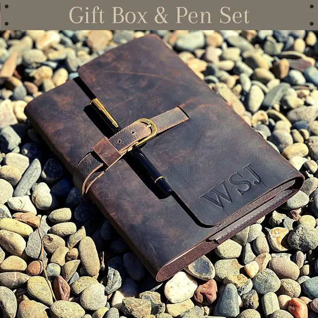 Alt view image 8 of 14 - PERSONALIZED LEATHER JOURNAL GIFT SET for Men & Women, Initials on Premium Leather Cover, Metal Pen, Refillable A5 Lined Paper Notebook, Leather Bound Vintage Diary, Travel Journals, Graduation Gifts