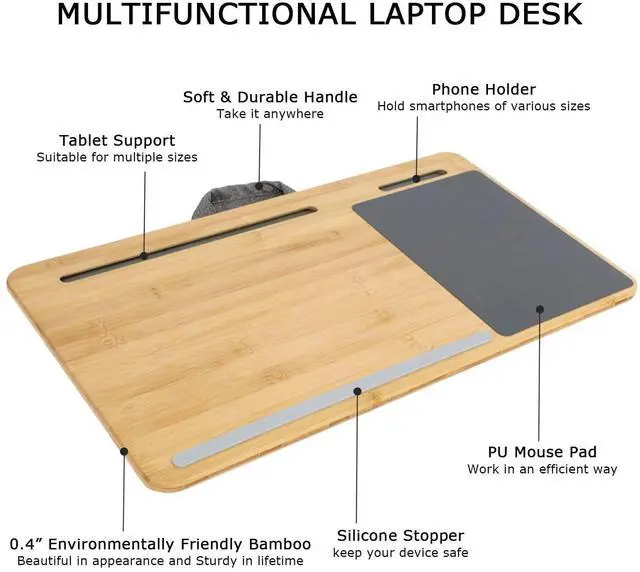 Alt view image 11 of 14 - Laptop Lap Desk with Cushion Protable LapDesk with Handle Tablet Support Phone Holder and Mouse Pad Oversized Bamboo Laptop Stand for Sofa Fits Up to 17 Inches