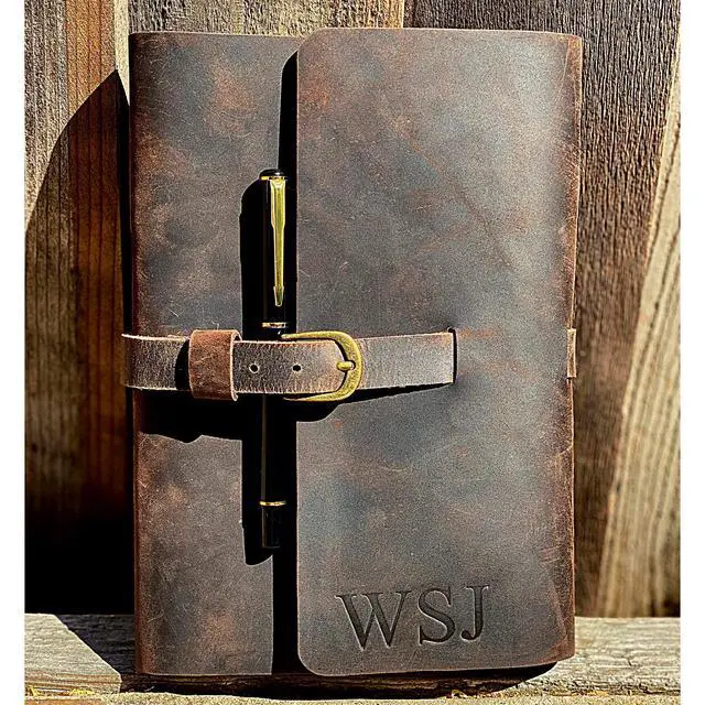 Alt view image 9 of 14 - PERSONALIZED LEATHER JOURNAL GIFT SET for Men & Women, Initials on Premium Leather Cover, Metal Pen, Refillable A5 Lined Paper Notebook, Leather Bound Vintage Diary, Travel Journals, Graduation Gifts