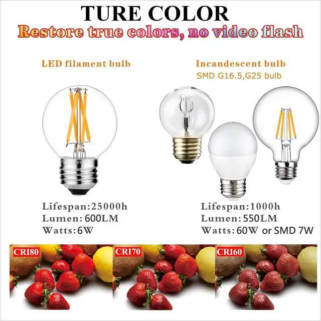 Alt view image 13 of 14 - G16.5 Edison Bulbs,E26 Led Bulb 60 watt,Warm White 2700K,Clear | Dimmable,6w=60 watt light bulbs,600lm,AC120V,360°,ETL,No Flicker,Globe Light Bulbs for Pendant,Chandeliers,Vanity,Desk,6Pack