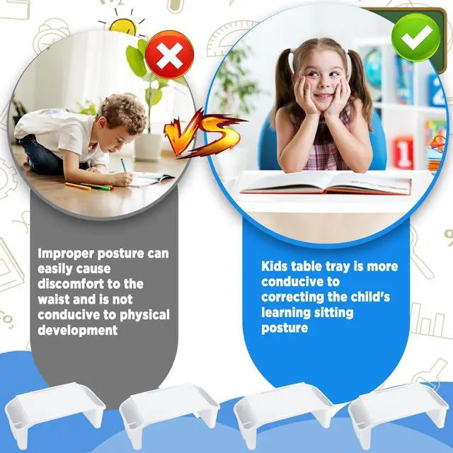 Alt view image 11 of 14 - 6 Pcs Kids Lap Desk Tray with Storage Plastic Breakfast Laptop Trays with Side Pockets and Slot Portable Lap Bed Table for Writing Eating Game Classroom Snacks Boy Girl (White)