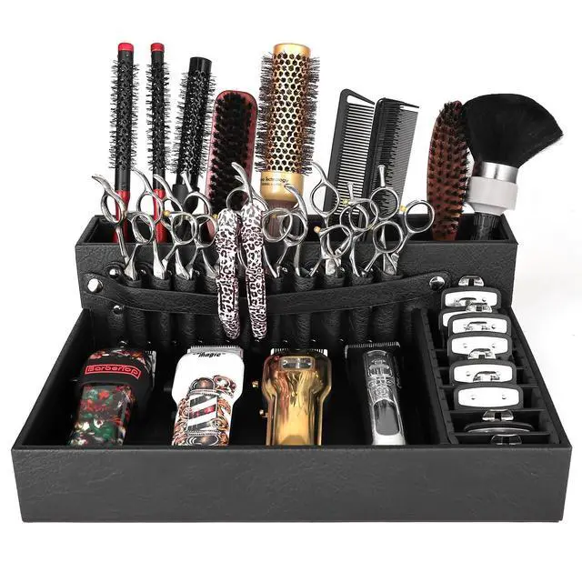 Alt view image 8 of 14 - Barber Organizer Tray, 13.9 x 11.2 x 4.4 inch Adjustable Station for Clippers & Guards Scissors, Multifunctional Non-slip Barber&Salon Hair Tools Holder, with PU Leather Exterior Hairdressing Case