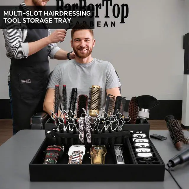 Alt view image 9 of 14 - Barber Organizer Tray, 13.9 x 11.2 x 4.4 inch Adjustable Station for Clippers & Guards Scissors, Multifunctional Non-slip Barber&Salon Hair Tools Holder, with PU Leather Exterior Hairdressing Case