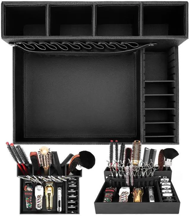 Alt view image 10 of 14 - Barber Organizer Tray, 13.9 x 11.2 x 4.4 inch Adjustable Station for Clippers & Guards Scissors, Multifunctional Non-slip Barber&Salon Hair Tools Holder, with PU Leather Exterior Hairdressing Case