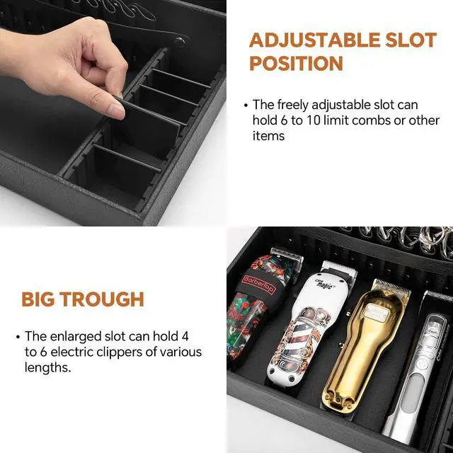 Alt view image 12 of 14 - Barber Organizer Tray, 13.9 x 11.2 x 4.4 inch Adjustable Station for Clippers & Guards Scissors, Multifunctional Non-slip Barber&Salon Hair Tools Holder, with PU Leather Exterior Hairdressing Case