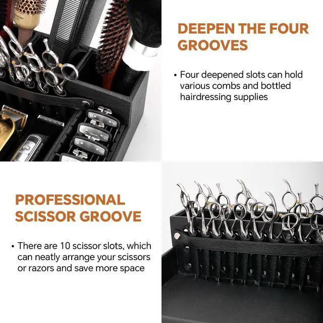 Alt view image 13 of 14 - Barber Organizer Tray, 13.9 x 11.2 x 4.4 inch Adjustable Station for Clippers & Guards Scissors, Multifunctional Non-slip Barber&Salon Hair Tools Holder, with PU Leather Exterior Hairdressing Case