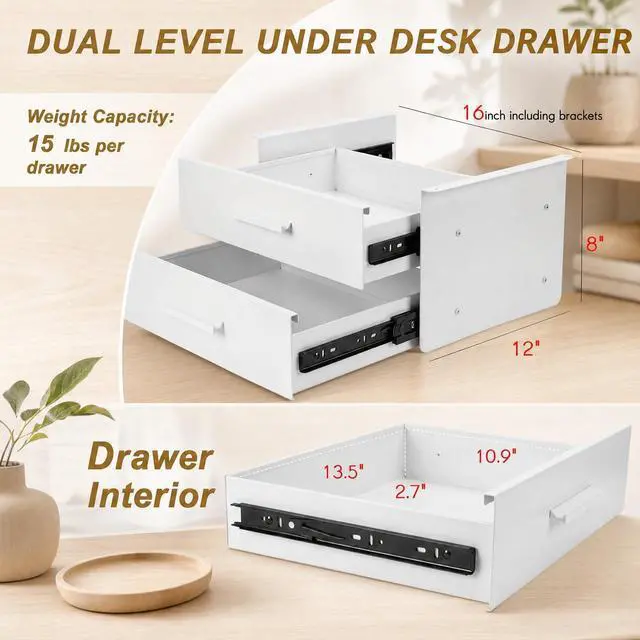 Alt view image 9 of 14 - 16'' Under Desk Drawer Slide-out Steel Under Counter Drawers Storage Organizer Large Hidden Pull-out Tray for Table Desks Home Office Workstation(White,2 Layer)