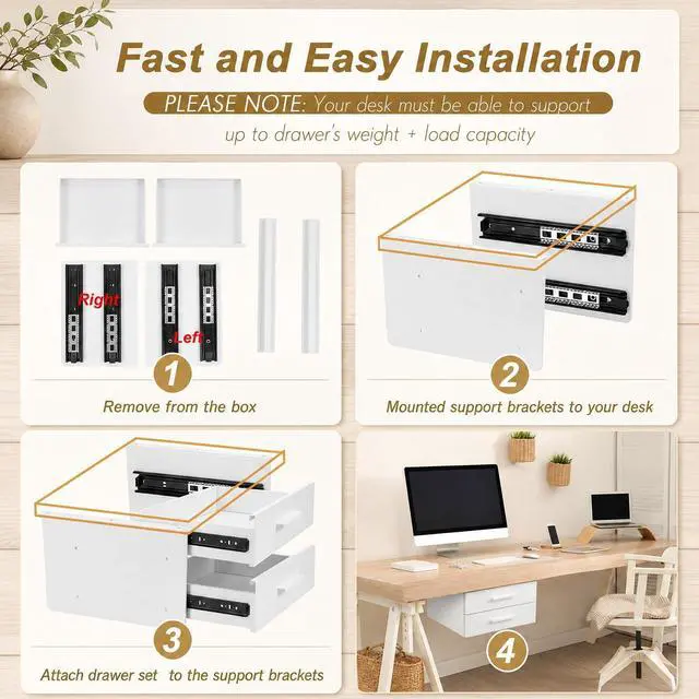 Alt view image 13 of 14 - 16'' Under Desk Drawer Slide-out Steel Under Counter Drawers Storage Organizer Large Hidden Pull-out Tray for Table Desks Home Office Workstation(White,2 Layer)