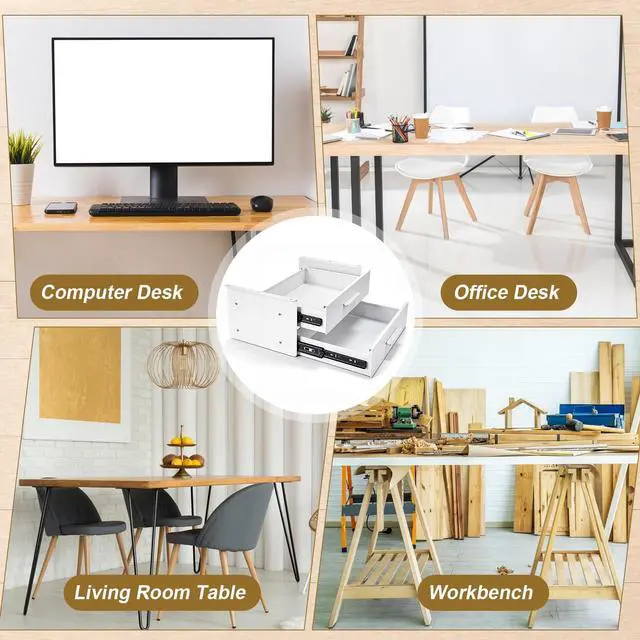 Alt view image 14 of 14 - 16'' Under Desk Drawer Slide-out Steel Under Counter Drawers Storage Organizer Large Hidden Pull-out Tray for Table Desks Home Office Workstation(White,2 Layer)